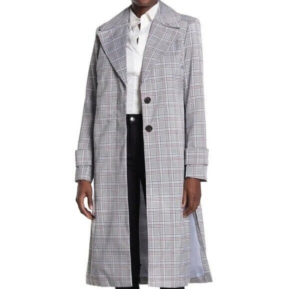 Avec Les Filles Trench Coat Gray Plaid Notch Collar Jacket